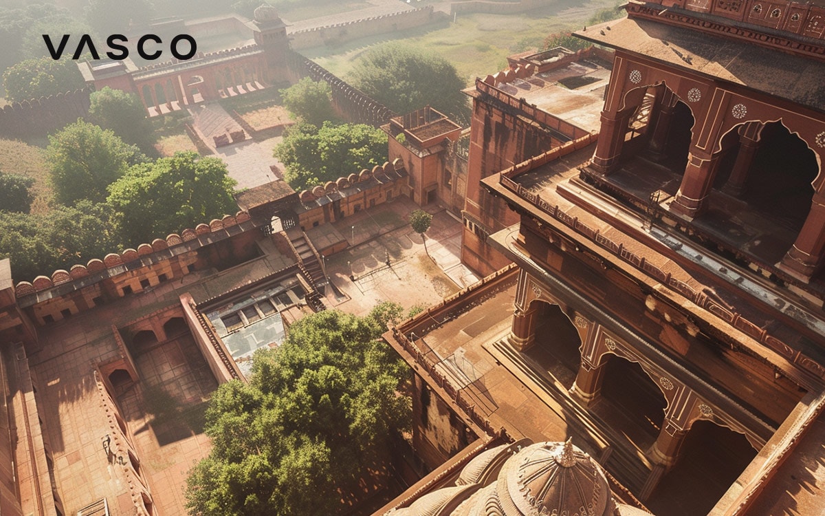 Overhead view of intricate historic architecture surrounded by greenery