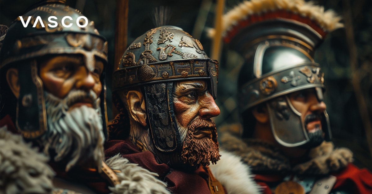 Close-up of three ancient warriors in intricate helmets and armor, showcasing detailed craftsmanship and historical design. The image highlights strength and leadership.