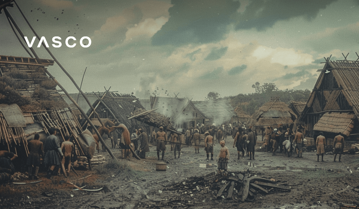 A medieval village scene featuring thatched-roof houses, villagers gathered in a muddy courtyard, and smoke rising from chimneys under a cloudy sky. The image conveys a sense of rustic daily life.