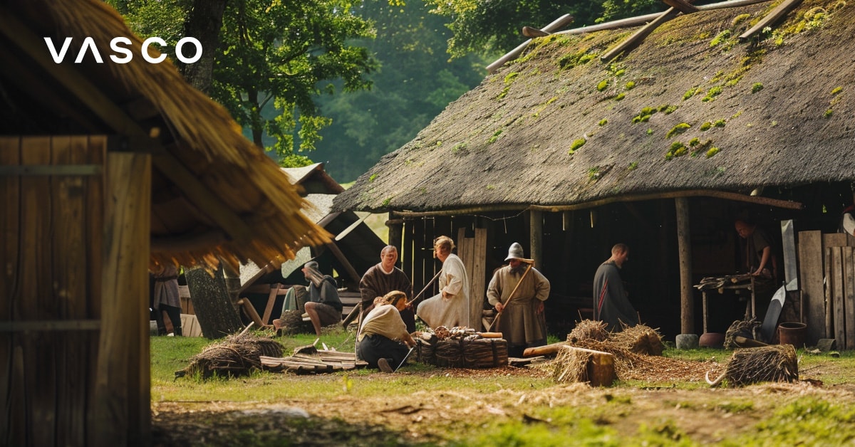 A peaceful rural scene showing villagers working around a thatched-roof house, surrounded by greenery and tools. The image highlights traditional craftsmanship and communal life.