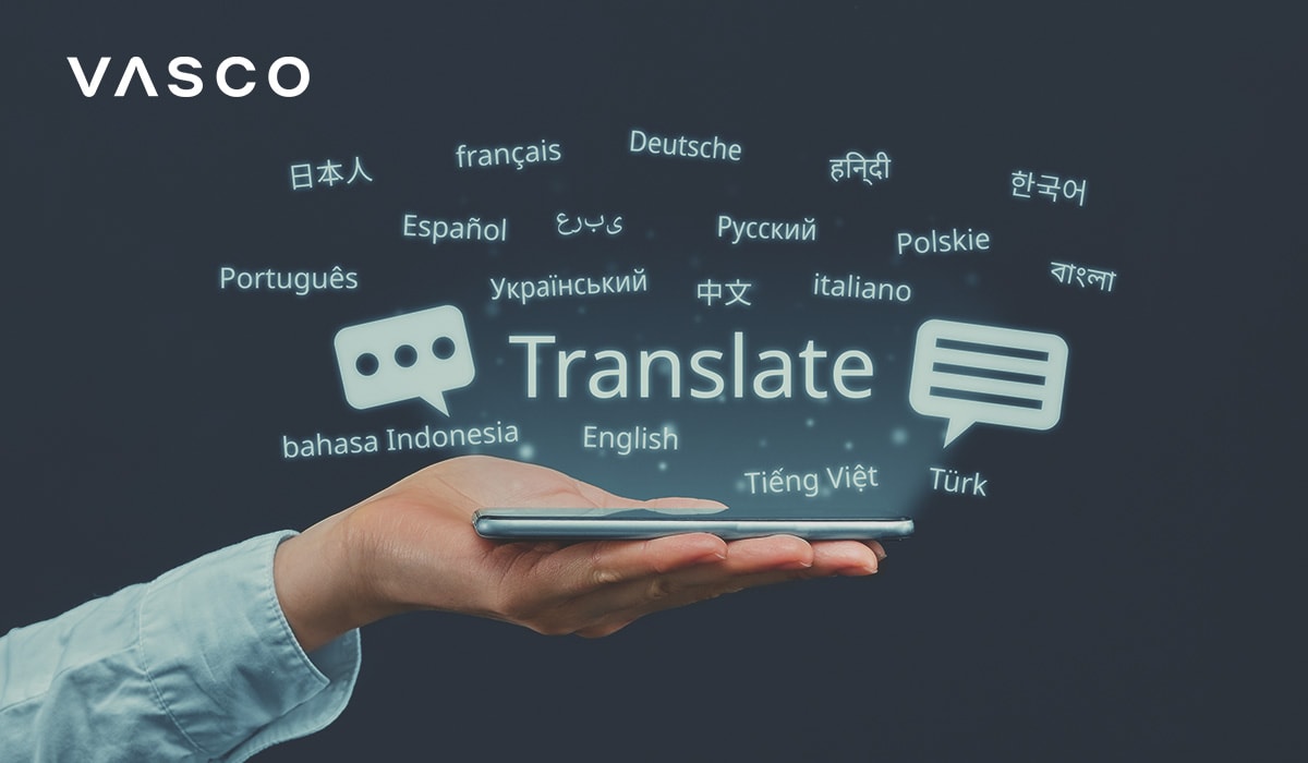 A hand holding a smartphone, with a digital holographic display showing the word 'Translate' in the center. Surrounding it are language names along with chat icons, representing multilingual translation capabilities.