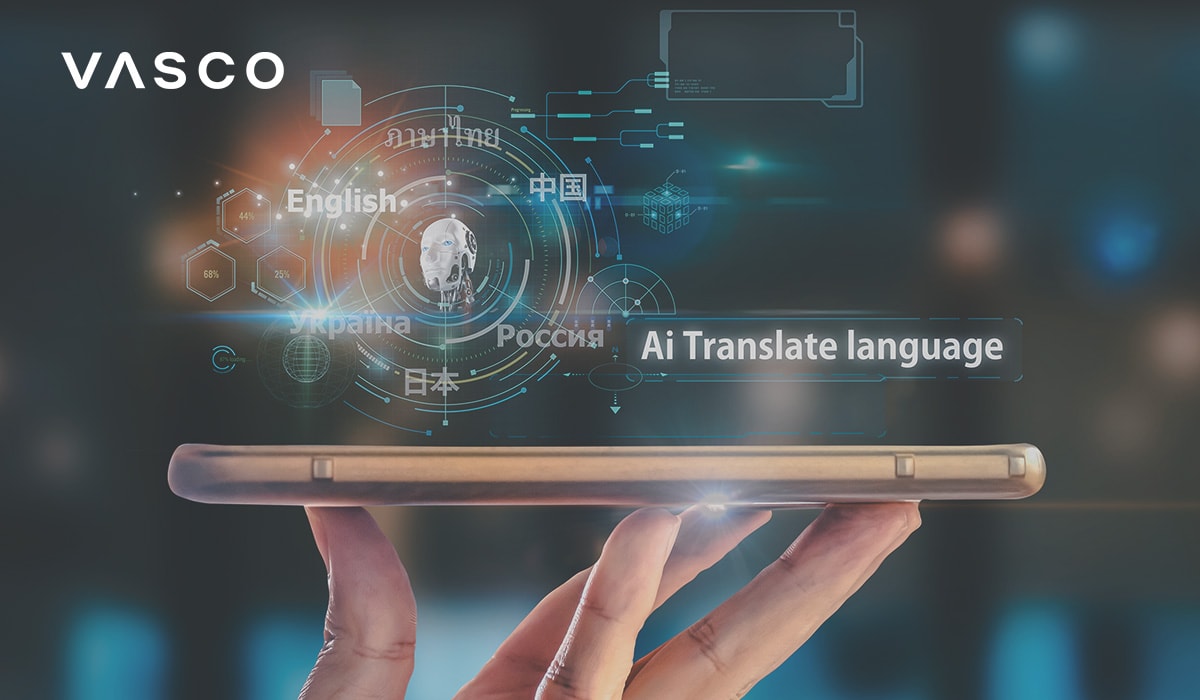 Close-up of hands holding a smartphone with a digital holographic interface displaying AI translation features. The interface includes language options as well as futuristic graphical elements and the text 'AI Translate language.