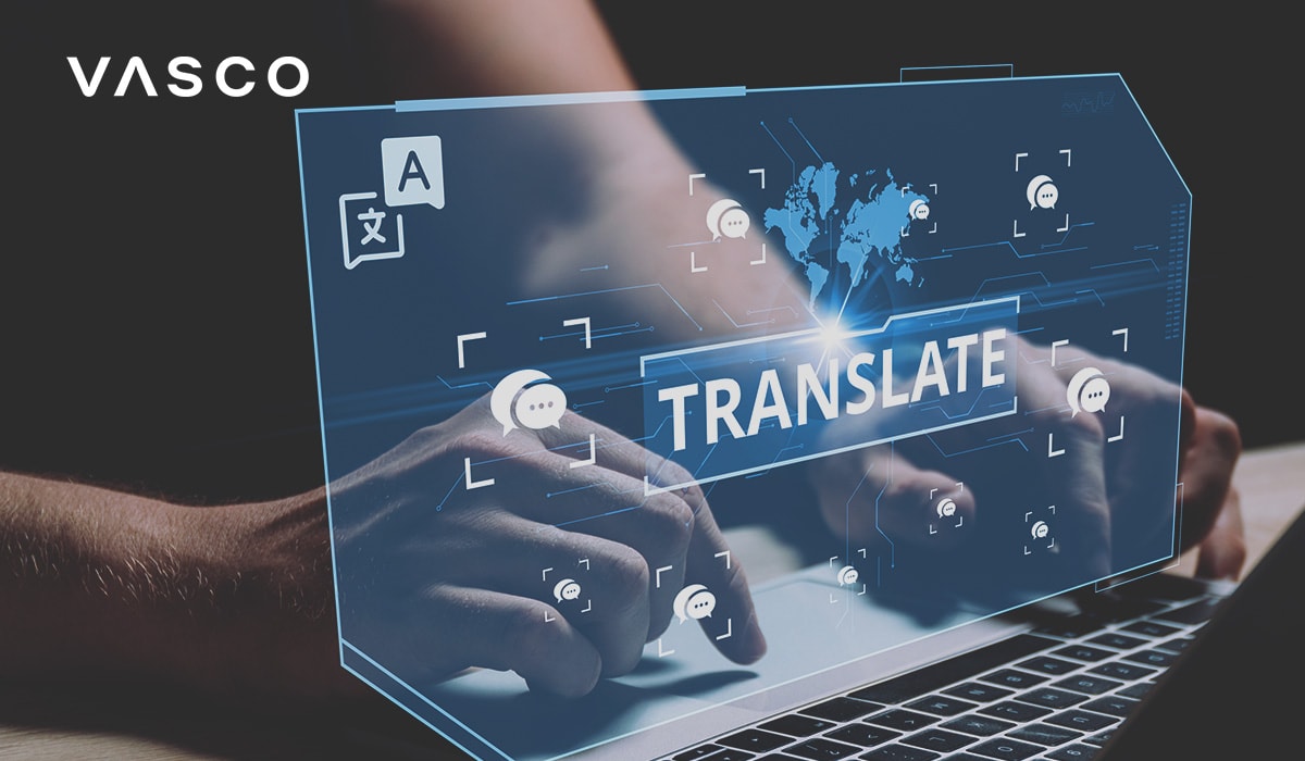 Hands typing on a laptop keyboard with a holographic digital interface displaying the word 'TRANSLATE' in bold, surrounded by icons for communication, a map of the world, and translation symbols, suggesting advanced language translation technology.