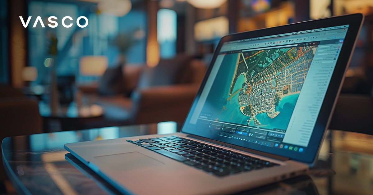 Laptop with Dubai map open, showing travel planning with Vasco