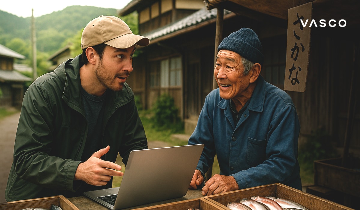 A man shows something on his laptop to an elderly fish vendor at an outdoor rural market.