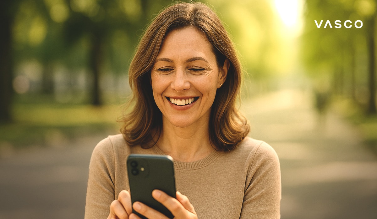 A smiling woman looks at her phone while standing on a tree-lined path in a park.