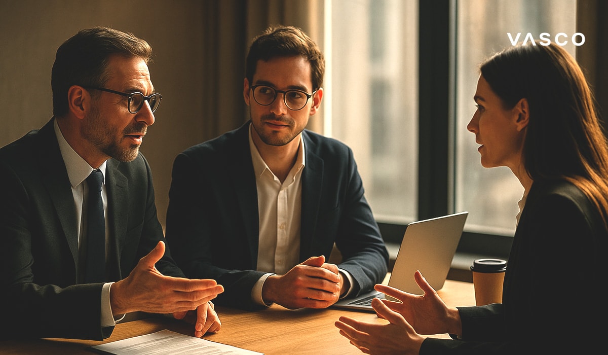 A business meeting between two men and a woman engaged in a serious discussion at a conference table.