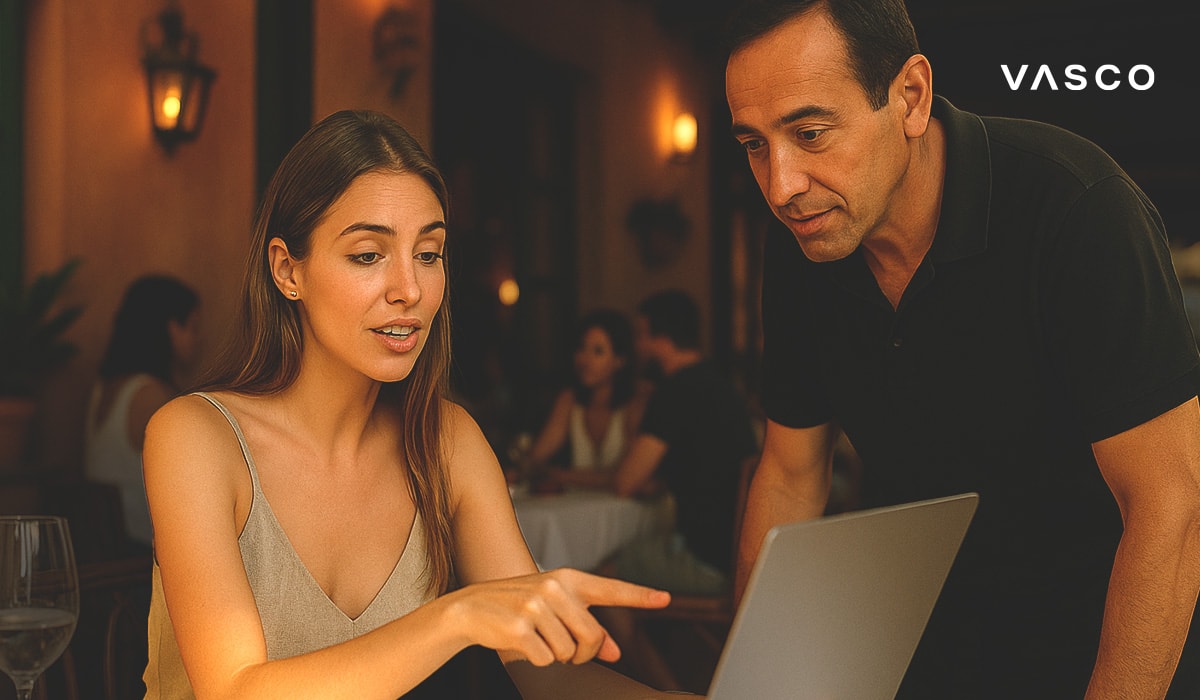 A woman explains something on a laptop to a man in a cozy restaurant setting.