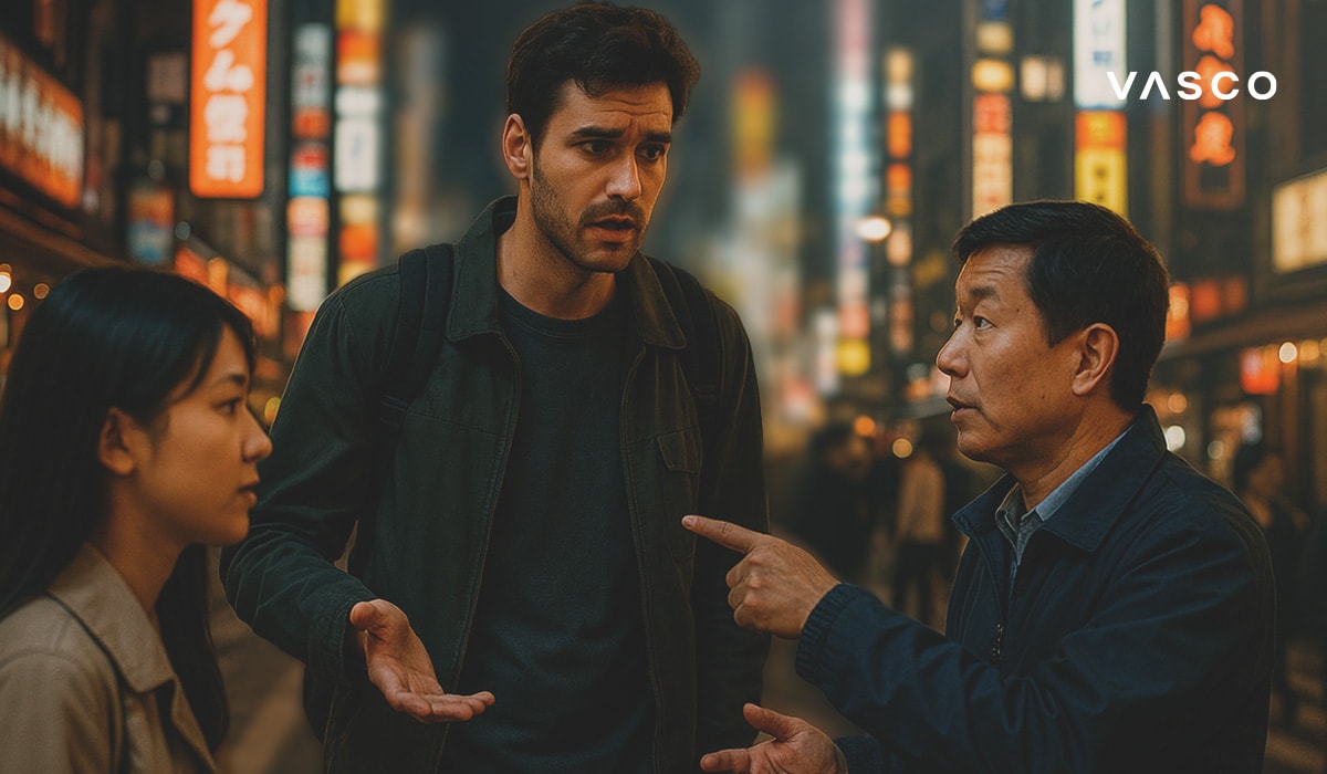A confused tourist tries to communicate with a local man while a young woman listens, in a busy Asian city street at night.