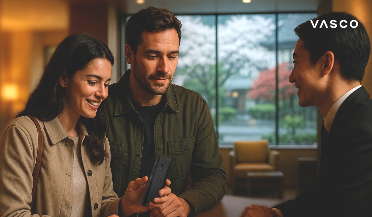 A couple uses a translator device while speaking with a hotel receptionist in a bright, modern lobby.