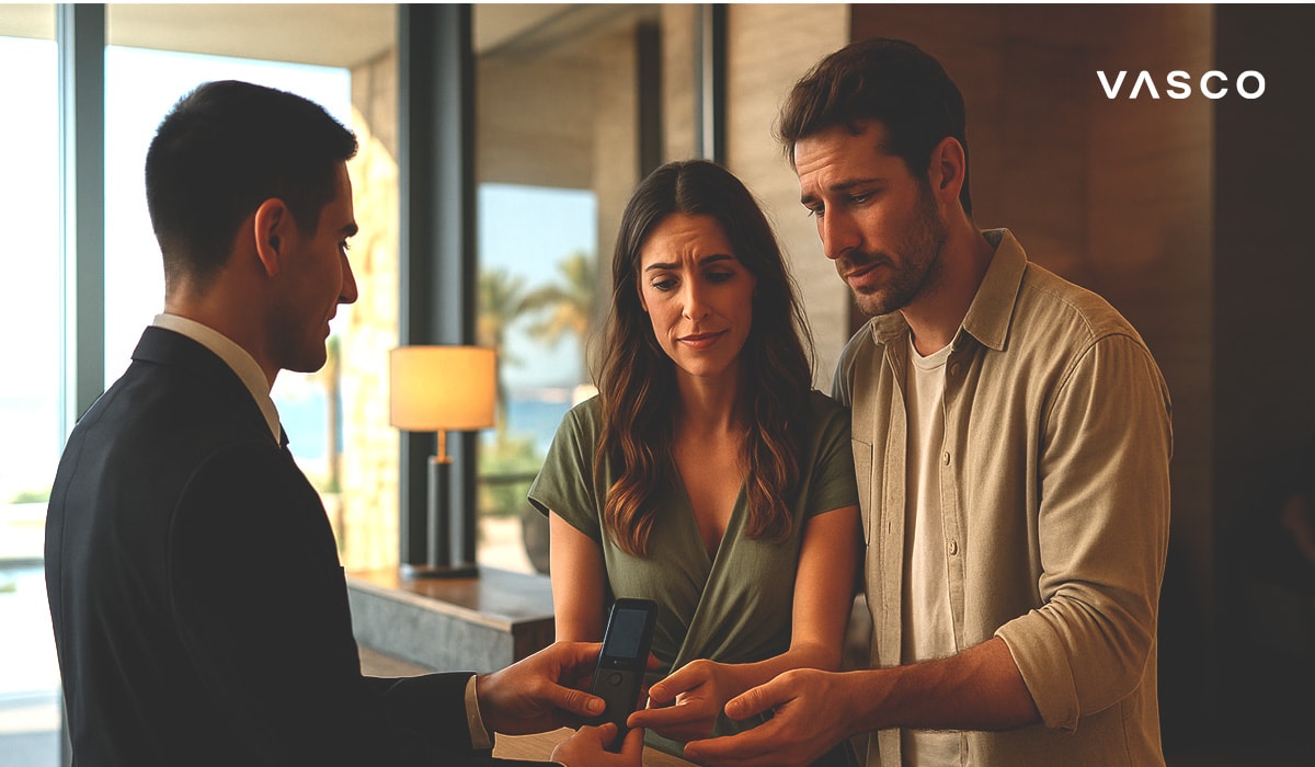 A couple uses a translation device while speaking with a professional man in a hotel lobby.