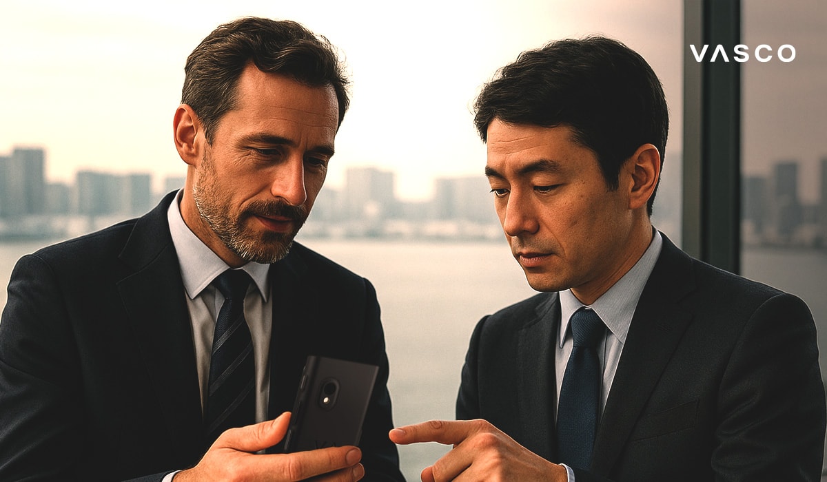 Two businessmen in suits look at a translation device against the backdrop of a city skyline by the water.