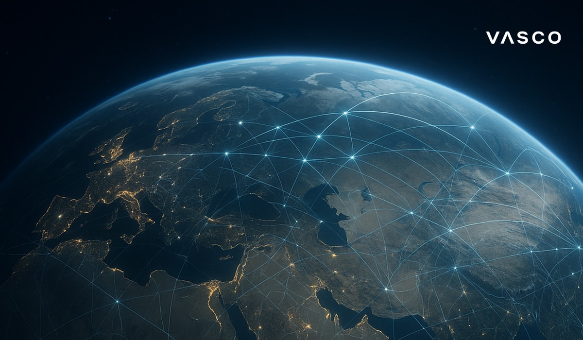 A global view of Earth with illuminated network lines symbolizing Vasco Translator’s worldwide coverage and connectivity.