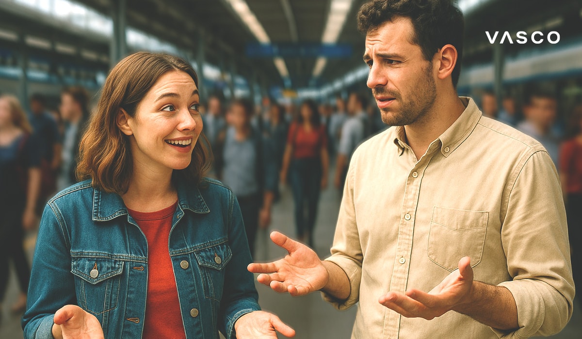 Two travelers trying to communicate despite a language barrier in a crowded train station.