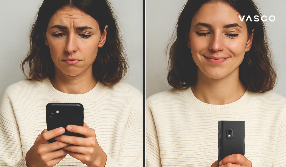 A woman comparing frustration with a regular phone translation app and satisfaction using a Vasco Translator device.