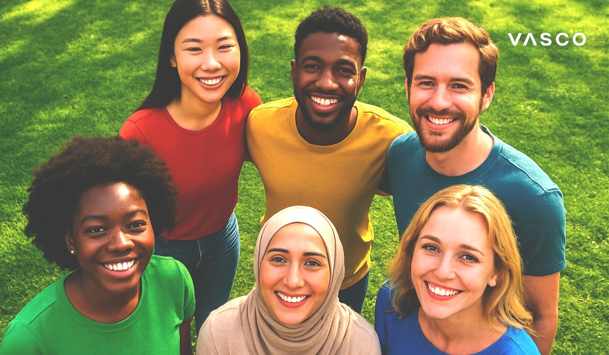 A diverse group of smiling people from different cultures, united through seamless communication with Vasco Translator.