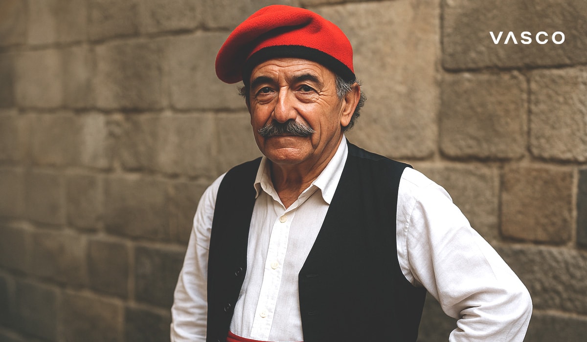 Portrait of an older man wearing traditional Basque clothing, including a red beret, standing against a stone wall.