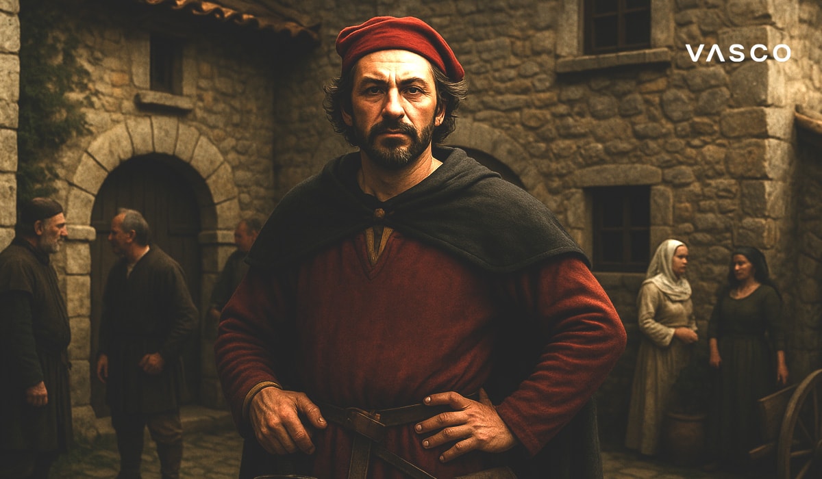 Man in medieval costume with a red beret and cloak standing in front of stone buildings, with other people dressed in historical attire nearby.