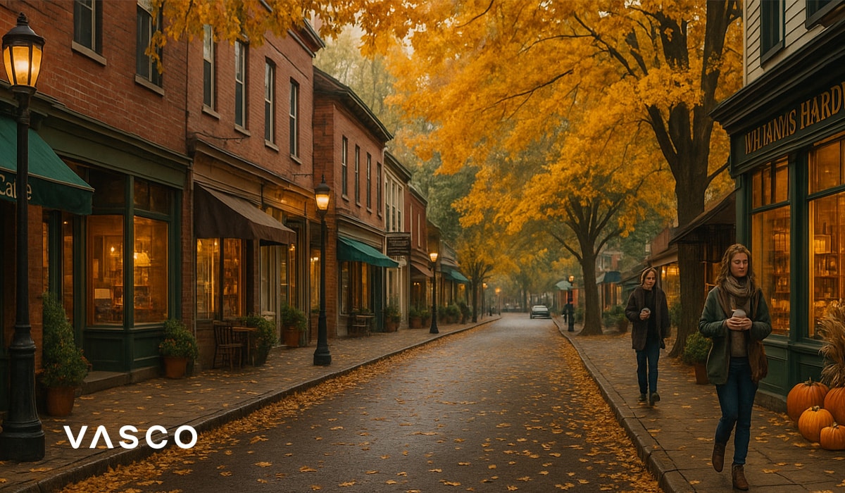 malá útulná mestská ulica lemovaná obchodíkmi a zlatými jesennými stromami