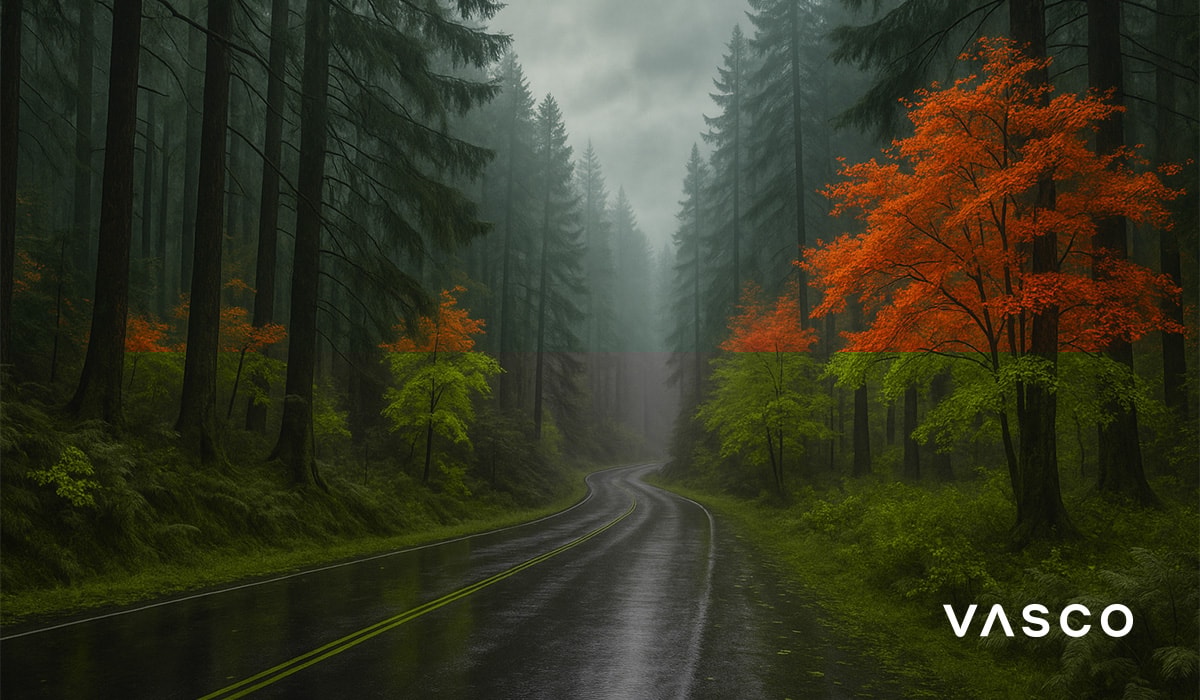 misty forest road with orange fall trees and wet pavement
