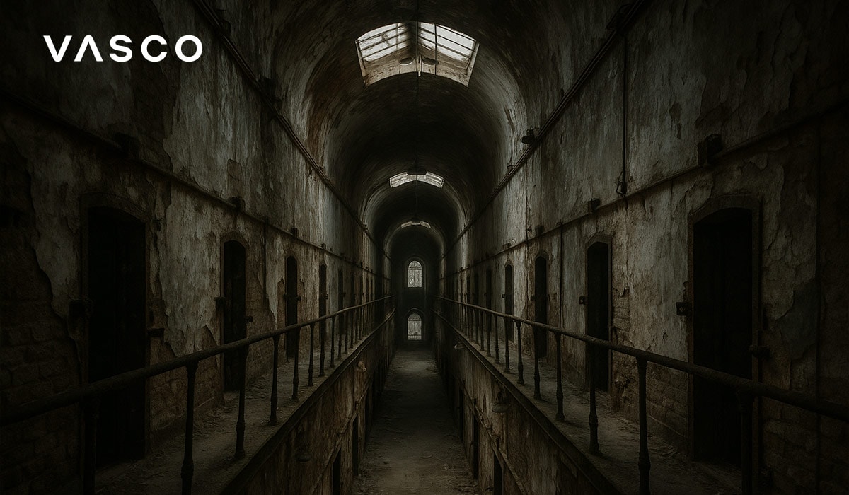 Dark, abandoned prison corridor with rows of old cell doors.