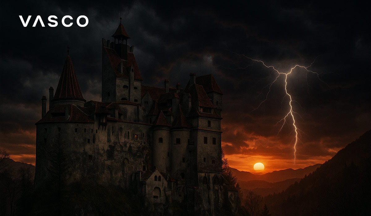 Ancient castle illuminated by lightning at sunset.