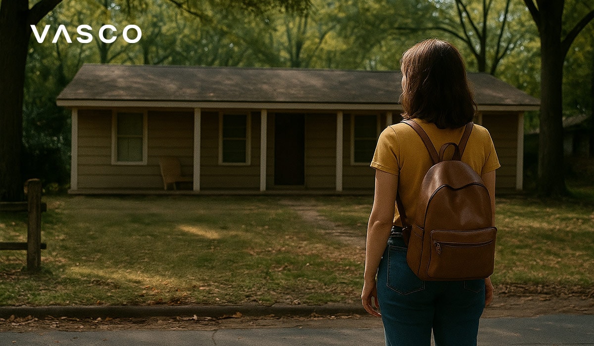 Young woman with a backpack standing in front of a small wooden house.