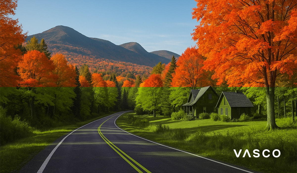mountain road with red and orange trees and wooden cabins