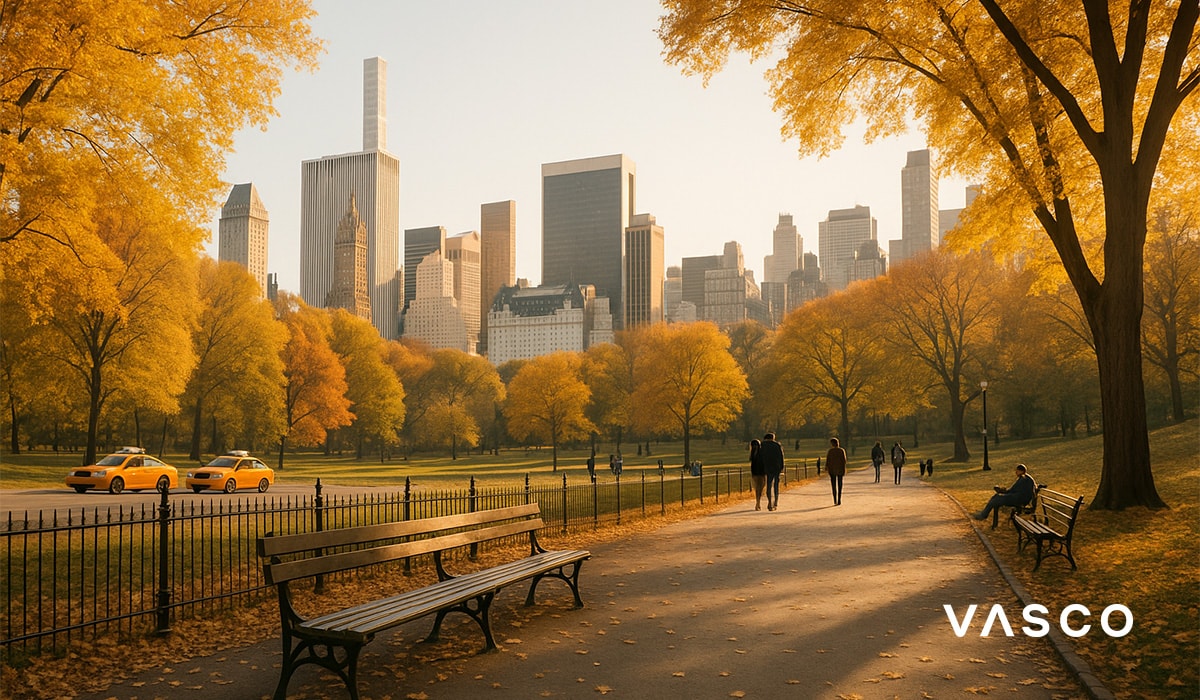 central park in new york city with yellow leaves and skyline view