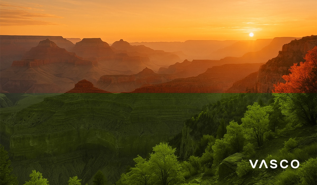 grand canyon at sunset with orange trees and golden light