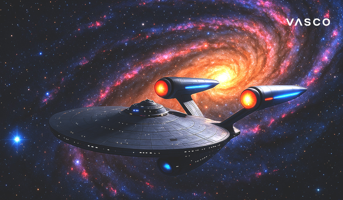 Spaceship against a glowing galaxy