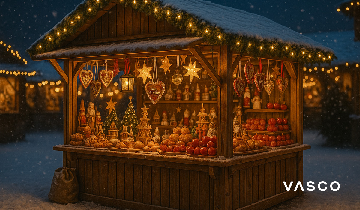 estive Christmas market stall with ornaments and baked goods on a snowy evening