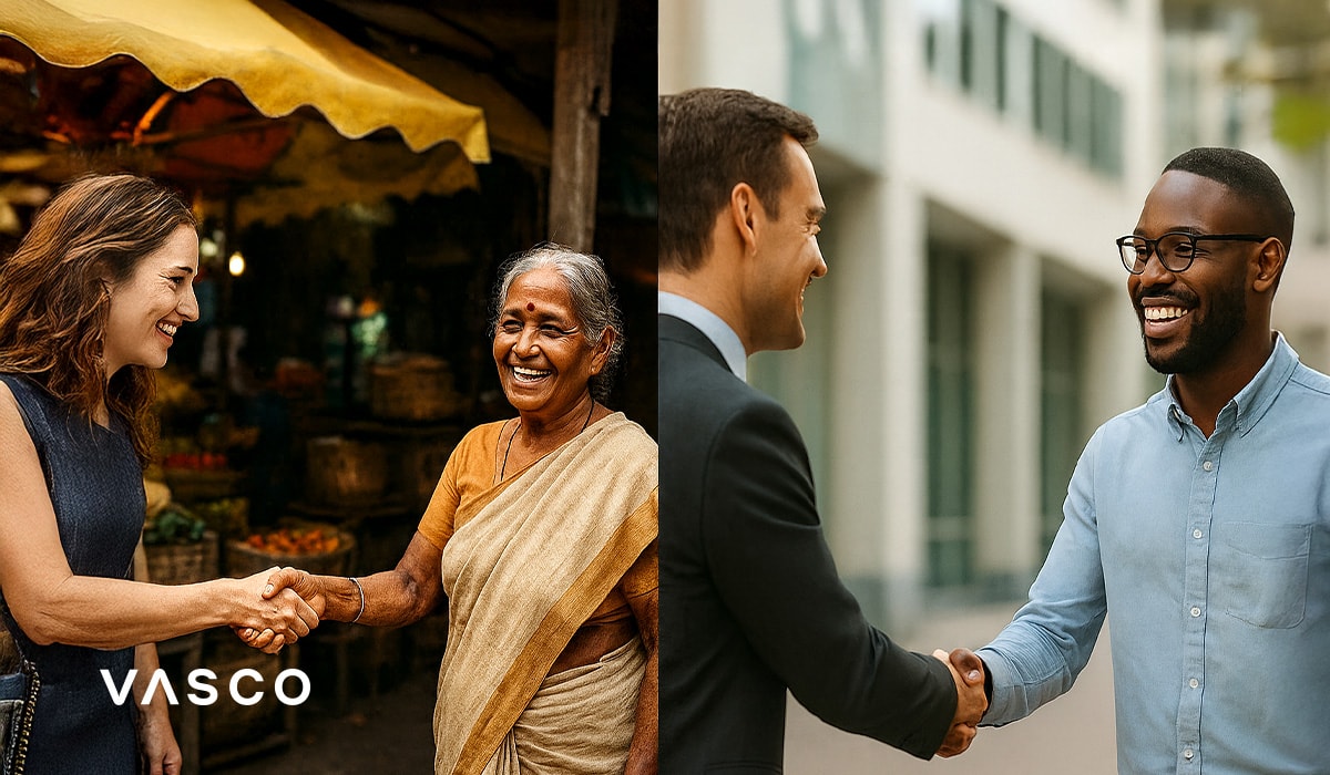 People shaking hands during a friendly meeting in an urban environment