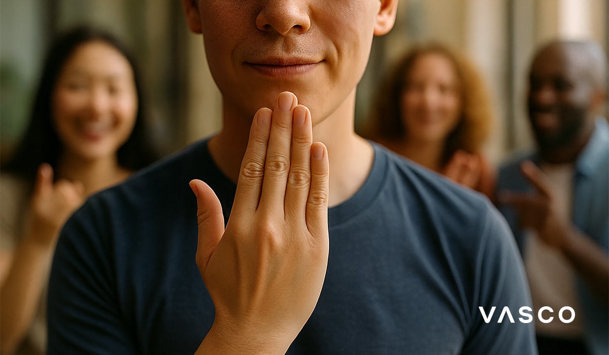 Person making a polite hand gesture while standing among a diverse group of people