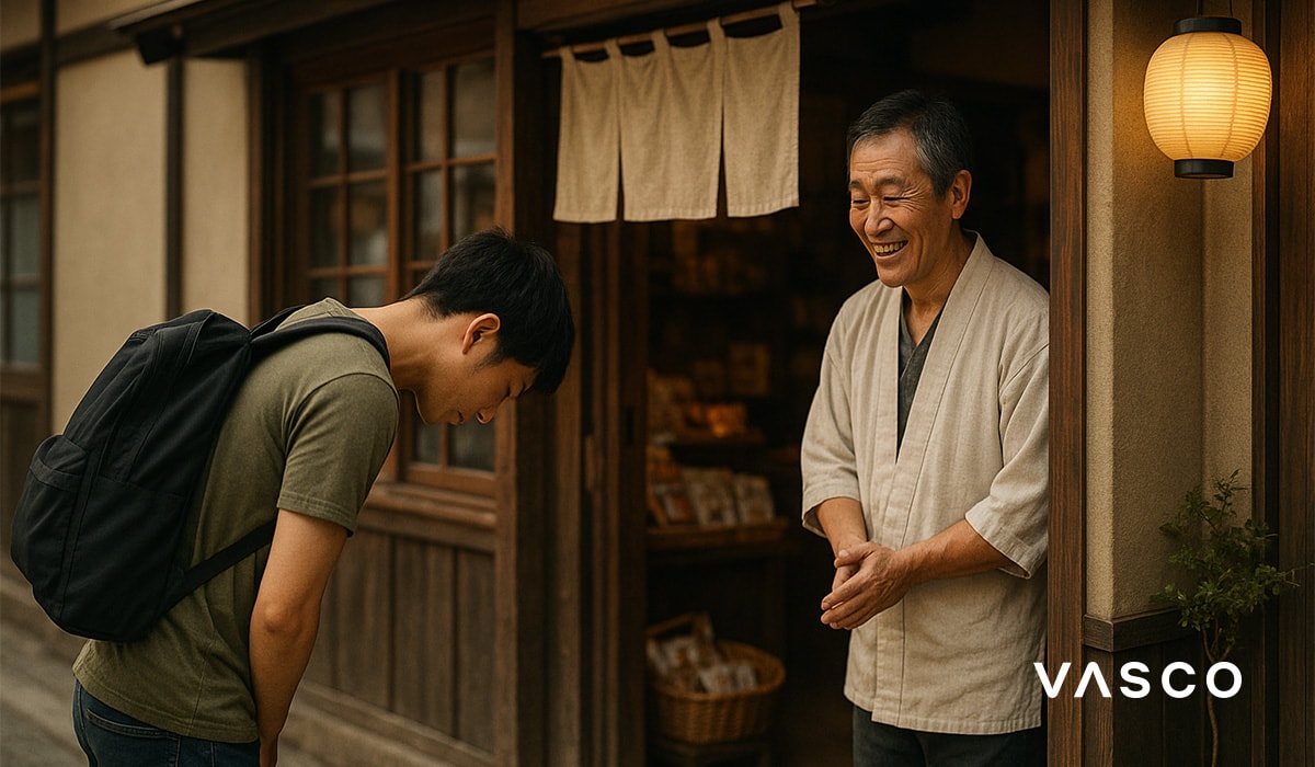 Young person bowing politely while greeting an older man at the entrance of a shop