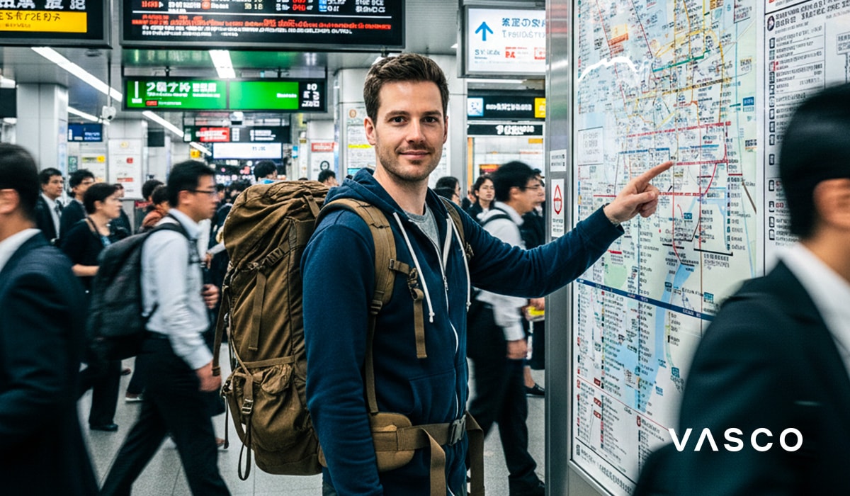 Tourist with backpack checking Tokyo subway map – navigating public transport during a Japan trip