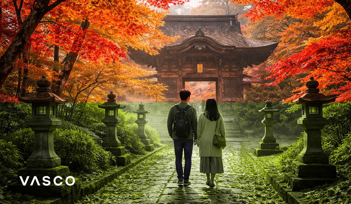 Travelers walking through historic Japanese temple during autumn – Kyoto sightseeing in fall
