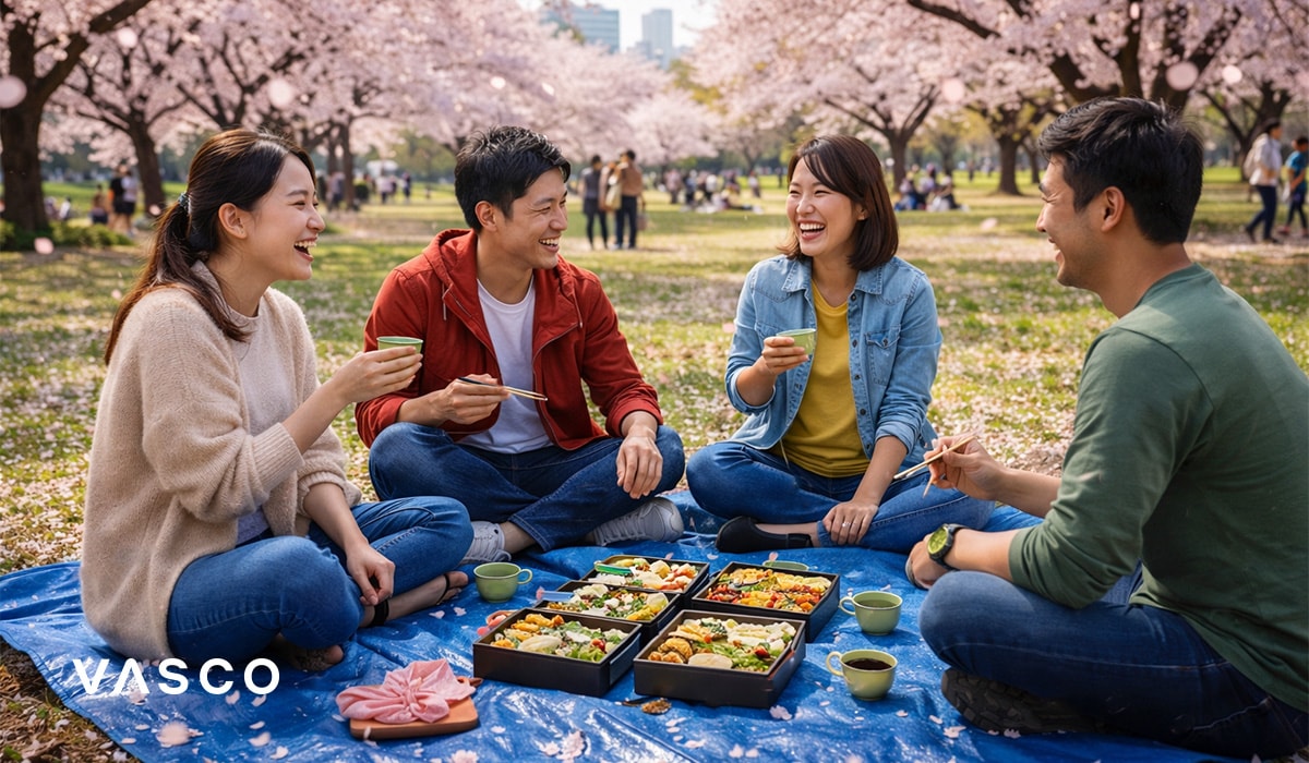 Friends having picnic under cherry blossoms in Tokyo park – spring travel to Japan during sakura season