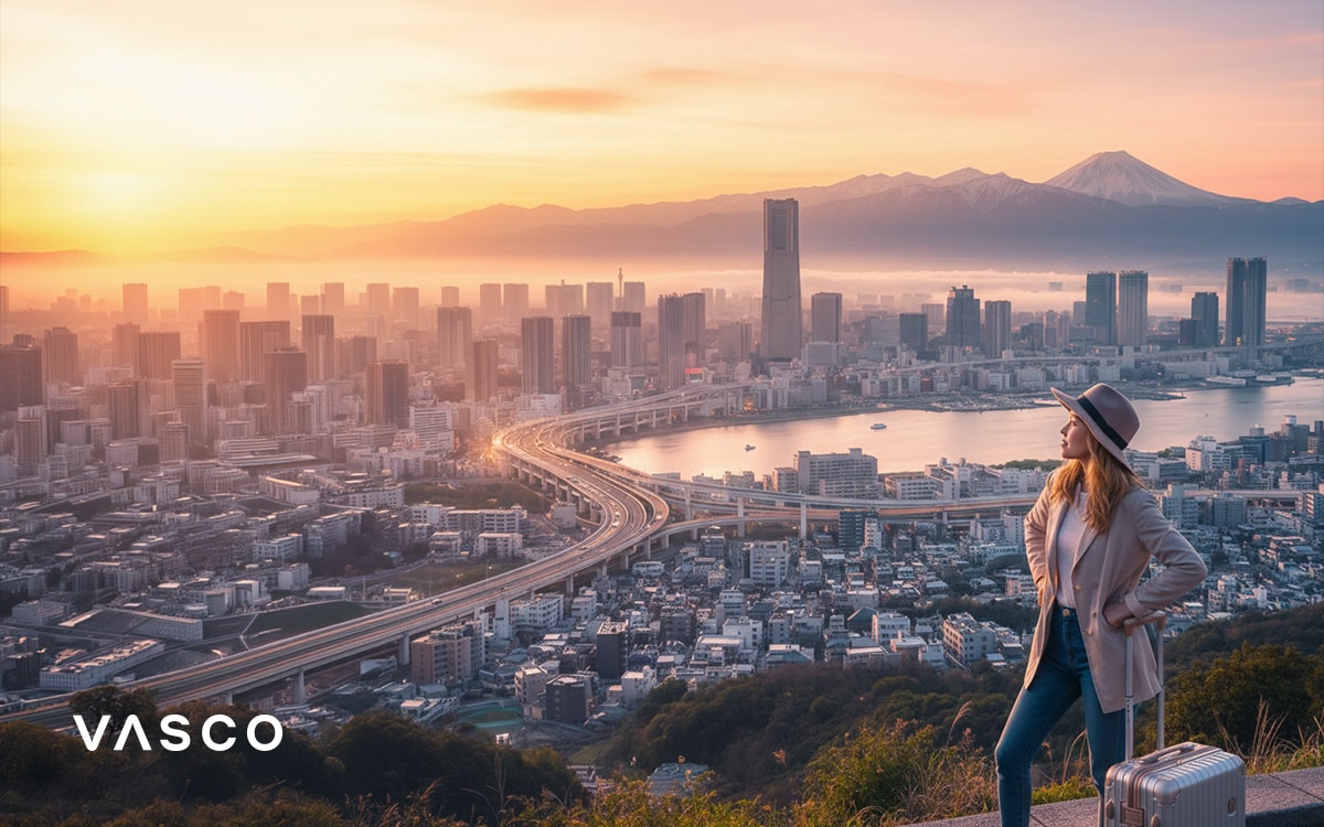 Woman with suitcase overlooking Tokyo skyline and Mount Fuji at sunrise – first time visiting Japan