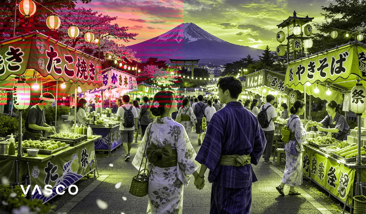 Couple exploring Japanese street food market with Mount Fuji at sunset – cultural experience in Japan
