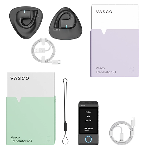 M4 E1 set Vasco Translator E1 set with two wireless translation earbuds, charging cable, guide, pouch, and packaging, displayed next to the Vasco Translator M4 box with its lanyard and cable.