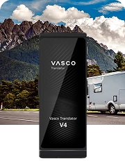 A camper van parked by the roadside with mountains in the background, overlaid with an image of the Vasco Translator V4 in Black Onyx.