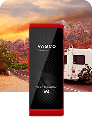 A camper driving on a road with red mountains and a sunset in the background, alongside an image of the Vasco Translator V4 in Ruby Red.