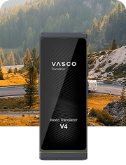 A camper driving on a road surrounded by mountainous forests, alongside an image of the Vasco Translator V4 in Stone Gray.