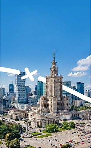 A view of the Palace of Culture and Science in Warsaw, one of the city's most iconic landmarks.
