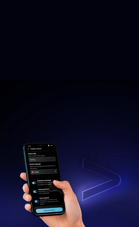 A hand holding a smartphone displaying the 'Create session' screen of the Vasco AUDIENCE app. The dark-themed interface shows the session title set to 'Training', language set to 'English', and active toggles for translation download, asking questions, and text-to-speech above a cyan 'Save and continue' button.
