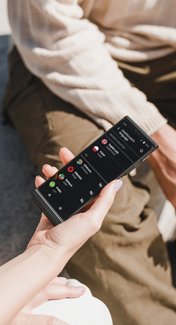 A Vasco V4 translator showing the language selection screen with multiple languages available.